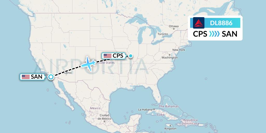 DL8886 Delta Air Lines Flight Map: St. Louis to San Diego