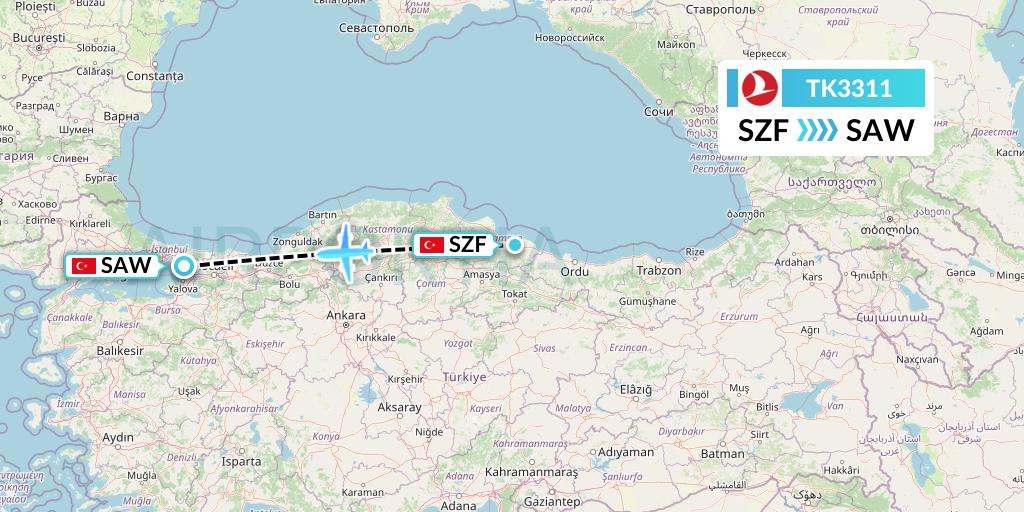TK3311 Turkish Airlines Flight Map: Samsun to Istanbul
