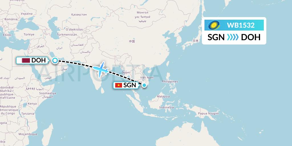 WB1532 RwandAir Flight Map: Ho Chi Minh City to Doha