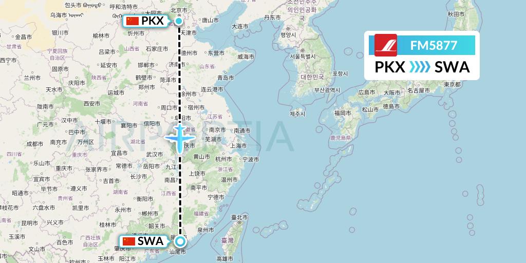 FM5877 Shanghai Airlines Flight Map: Beijing to Jieyang