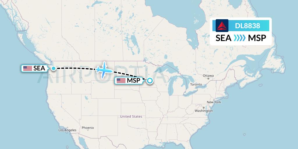 DL8838 Delta Air Lines Flight Map: Seattle to Minneapolis
