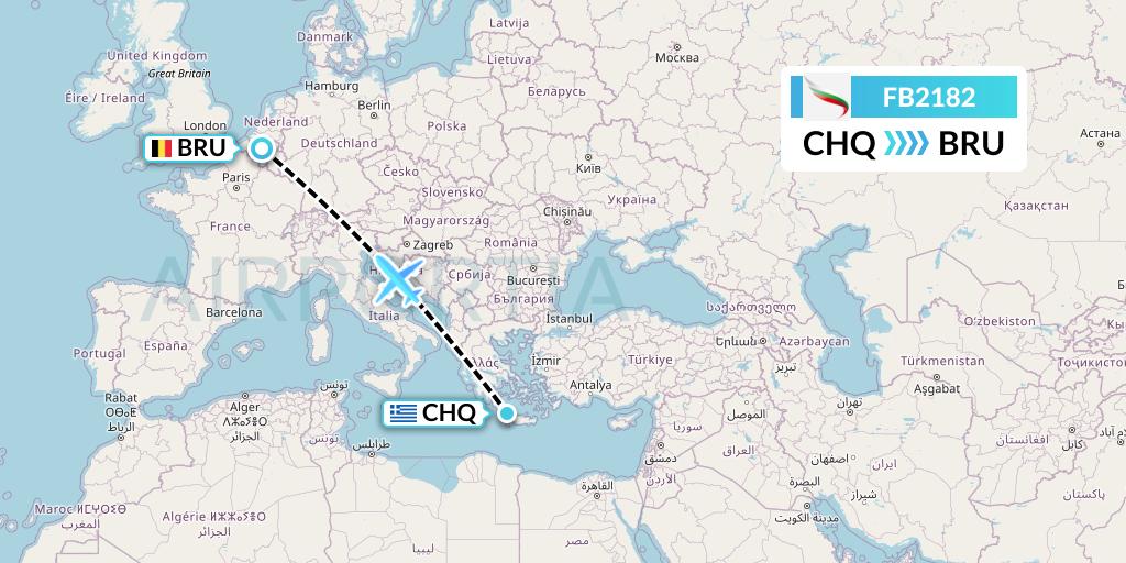FB2182 Bulgaria Air Flight Map: Chania to Brussels