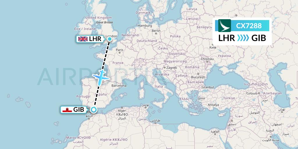 CX7288 Cathay Pacific Flight Map: London to Gibraltar