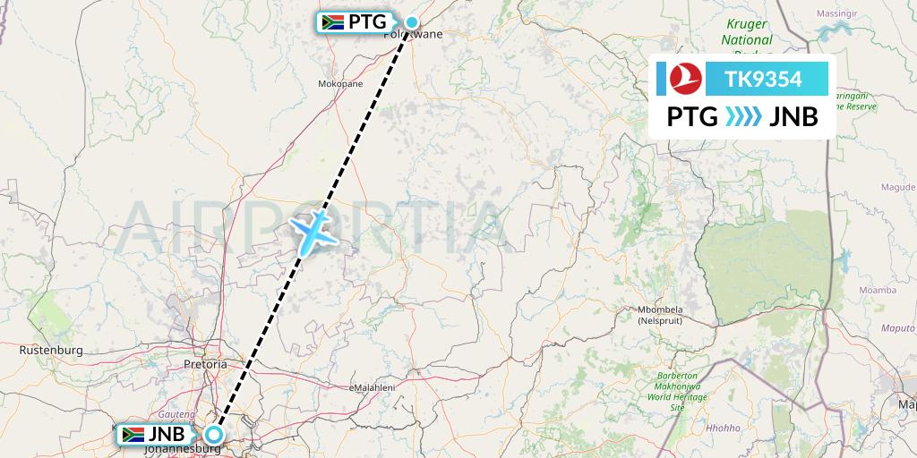 TK9354 Turkish Airlines Flight Map: Polokwane to Johannesburg