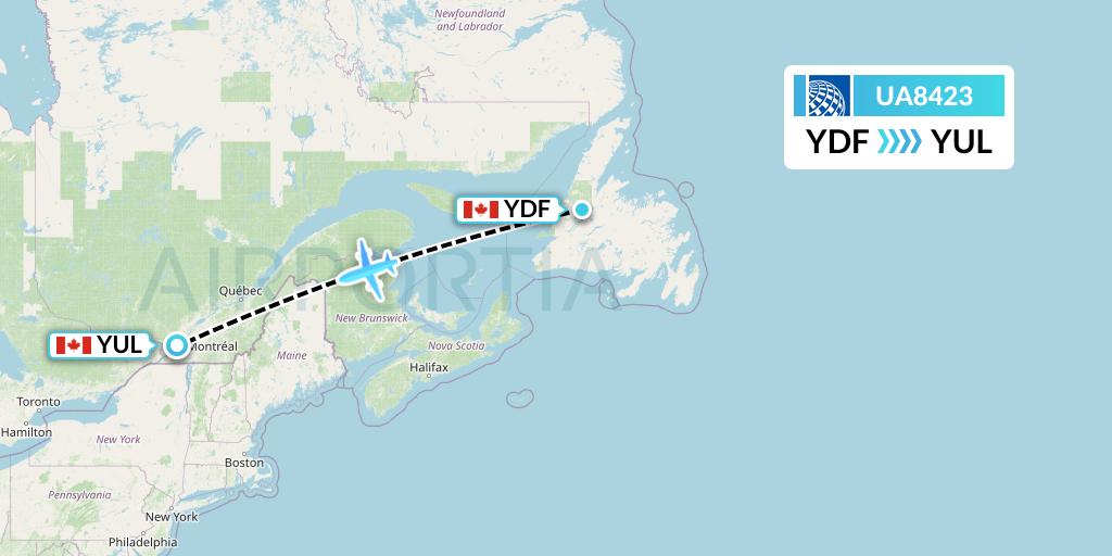 UA8423 United Airlines Flight Map: Deer Lake to Montreal