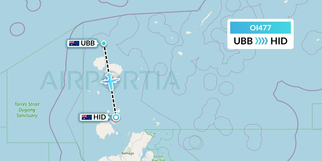 OI477 Hinterland Aviation Flight Map: Mabuiag Island to Horn Island