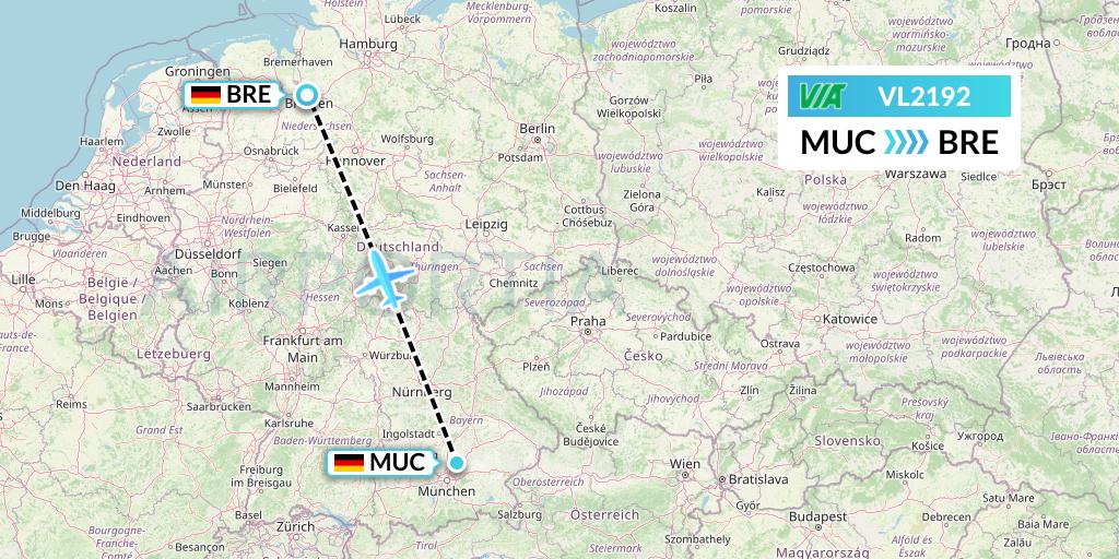 VL2192 Air Via Flight Map: Munich to Bremen