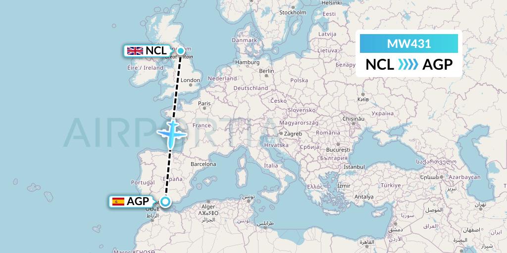 MW431 Mokulele Flight Service Flight Map: Newcastle to Malaga