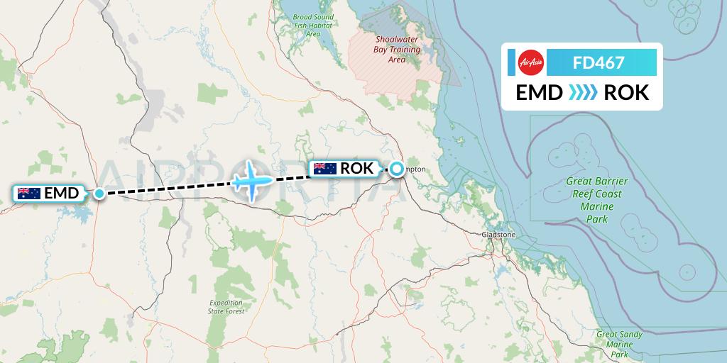 FD467 Thai AirAsia Flight Map: Emerald to Rockhampton