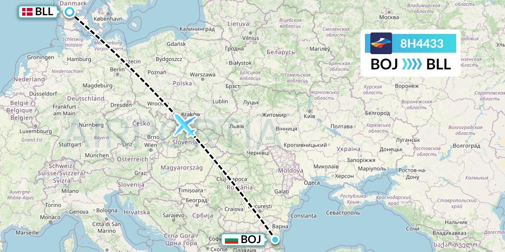 8H4433 BH Air Flight Map: Burgas to Billund