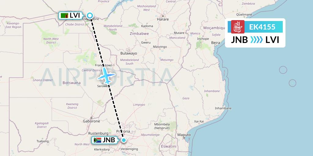 EK4155 Emirates Flight Map: Johannesburg to Livingstone