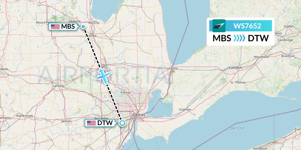 WS7652 WestJet Flight Map: Saginaw to Detroit