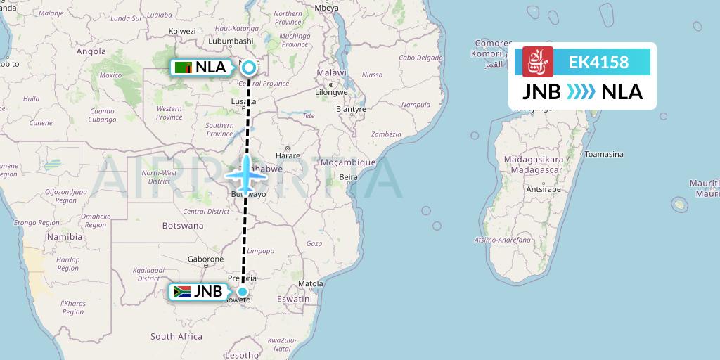EK4158 Emirates Flight Map: Johannesburg to Ndola