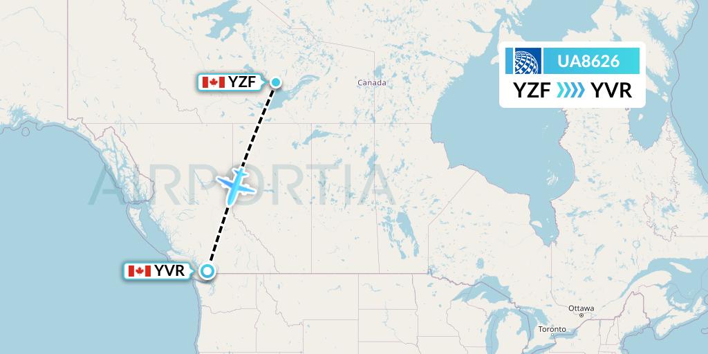 UA8626 United Airlines Flight Map: Yellowknife to Vancouver