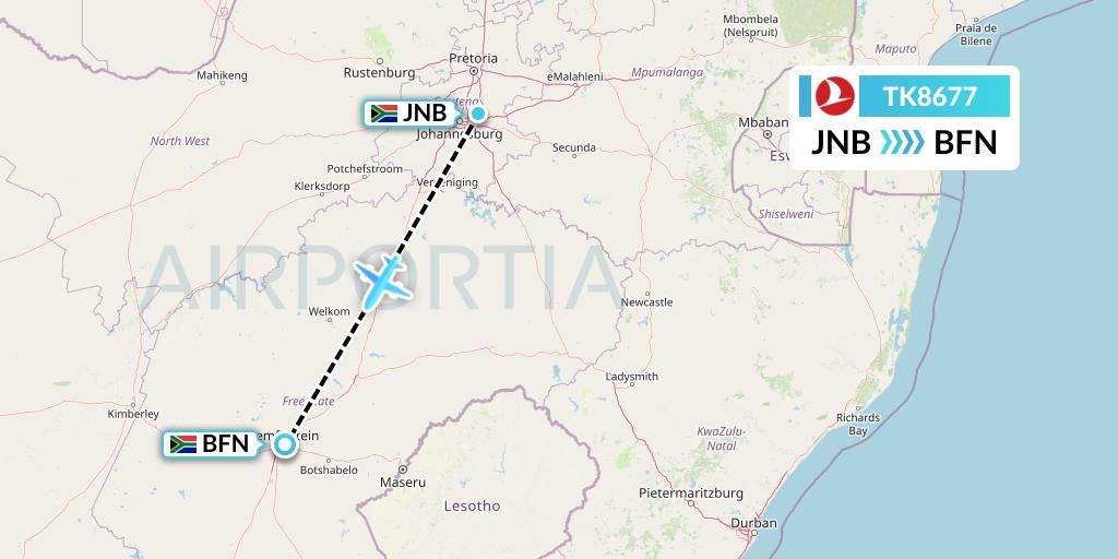 TK8677 Turkish Airlines Flight Map: Johannesburg to Bloemfontein