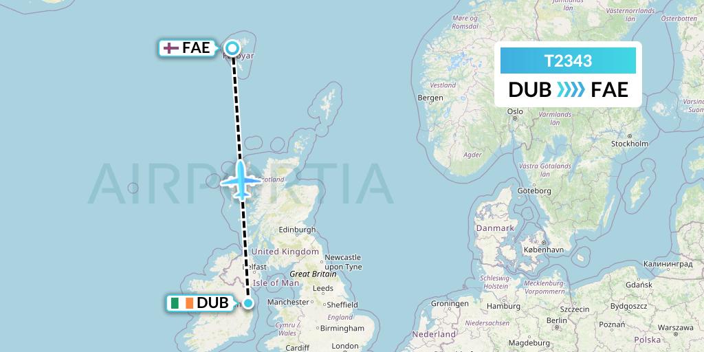 T2343 Tair Airways Flight Map: Dublin to Vagar