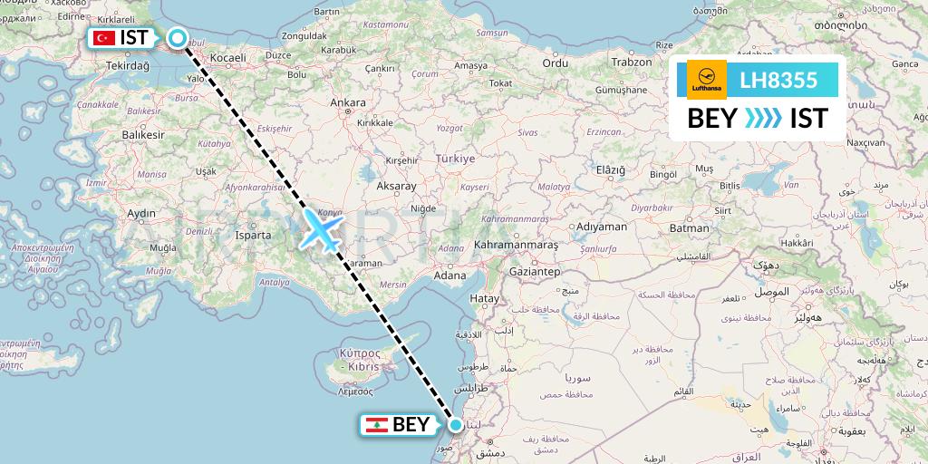 LH8355 Lufthansa Flight Map: Beirut to Istanbul