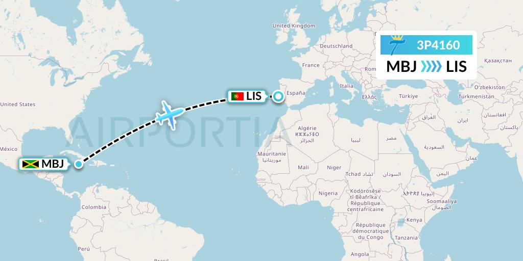 3P4160 Tiara Air Flight Map: Montego Bay to Lisbon