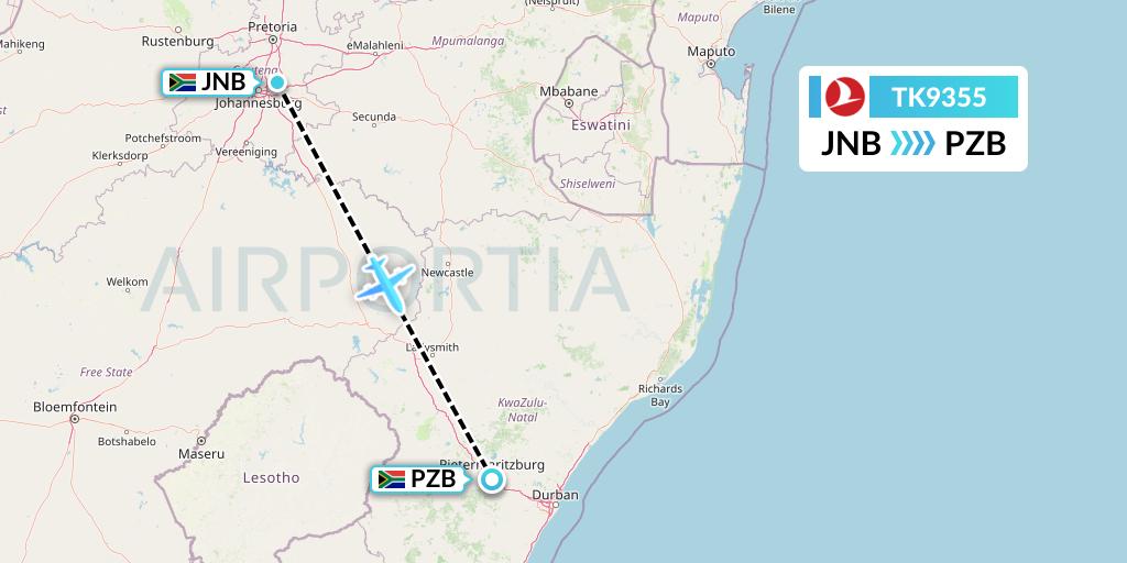 TK9355 Turkish Airlines Flight Map: Johannesburg to Pietermaritzburg