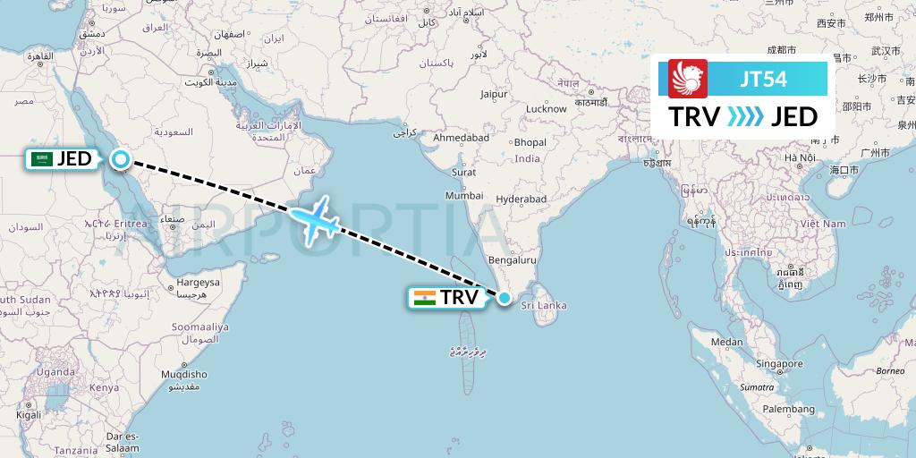 JT54 Lion Airlines Flight Map: Thiruvananthapuram to Jeddah