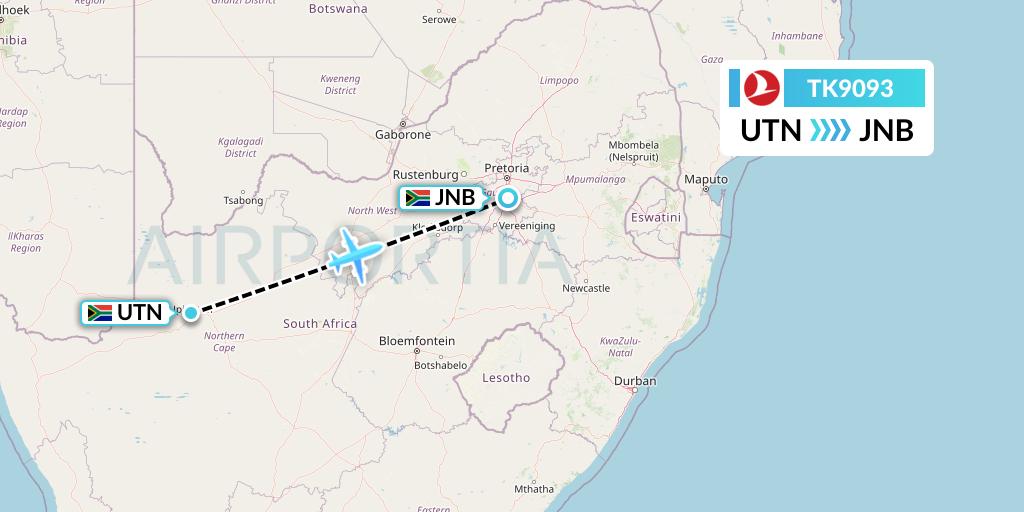 TK9093 Turkish Airlines Flight Map: Upington to Johannesburg