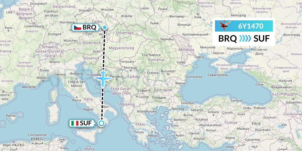 6Y1470 SmartLynx Flight Map: Brno to Lamezia Terme