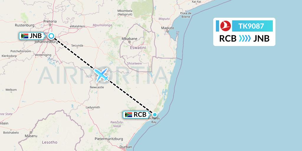 TK9087 Turkish Airlines Flight Map: Richards Bay to Johannesburg