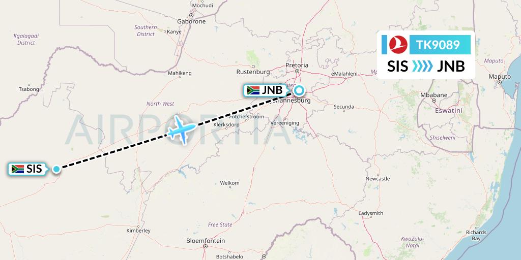 TK9089 Turkish Airlines Flight Map: Sishen to Johannesburg