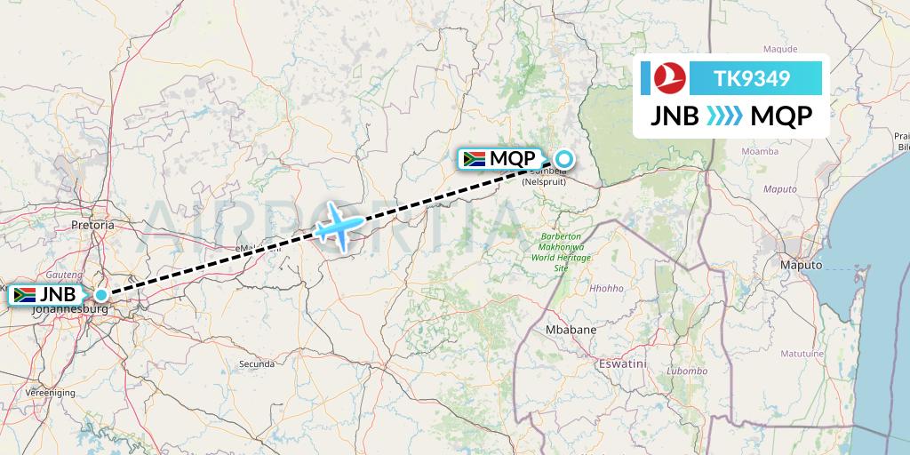 TK9349 Turkish Airlines Flight Map: Johannesburg to Nelspruit
