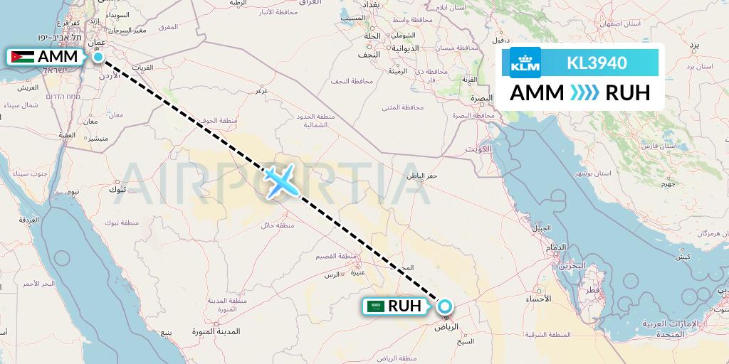 KL3940 KLM Flight Map: Amman to Riyadh