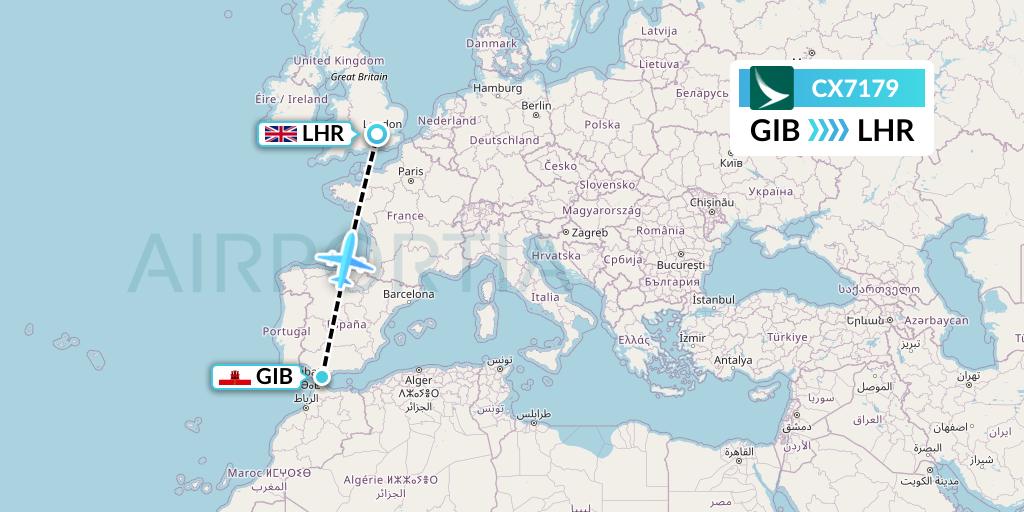 CX7179 Cathay Pacific Flight Map: Gibraltar to London