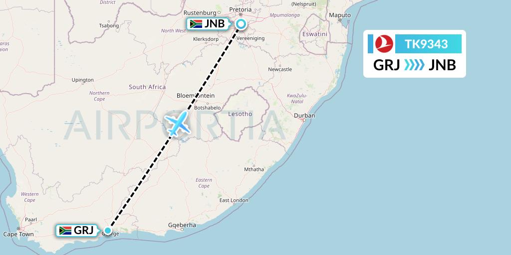 TK9343 Turkish Airlines Flight Map: George to Johannesburg