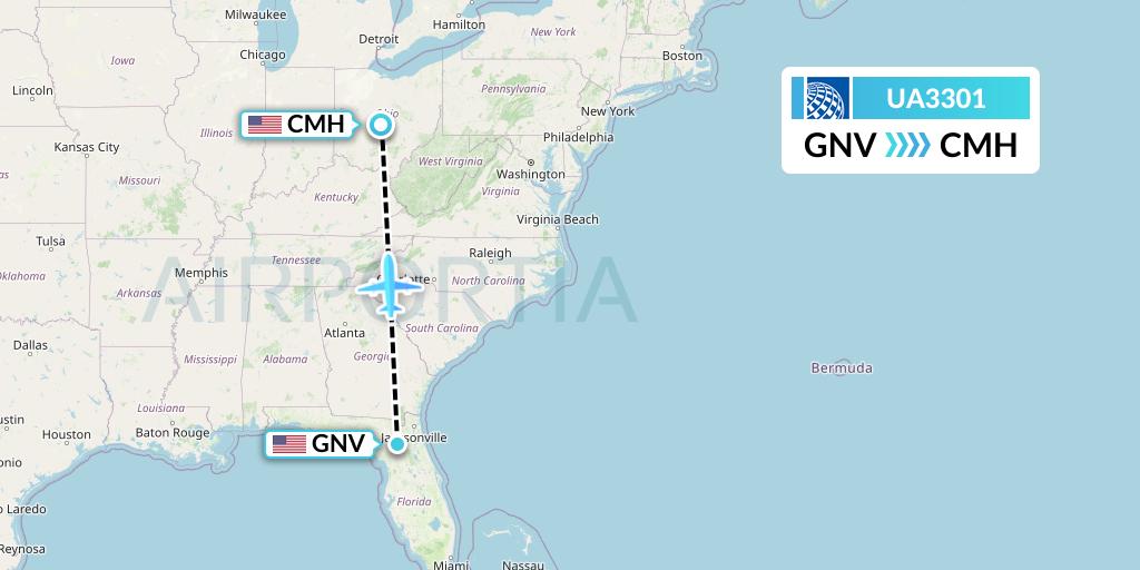 UA3301 United Airlines Flight Map: Gainesville to Columbus