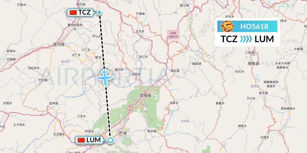 HO5618 Juneyao Airlines Flight Map: Tengchong to Mangshi
