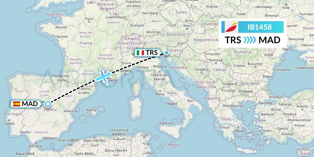IB1458 Iberia Flight Map: Trieste to Madrid