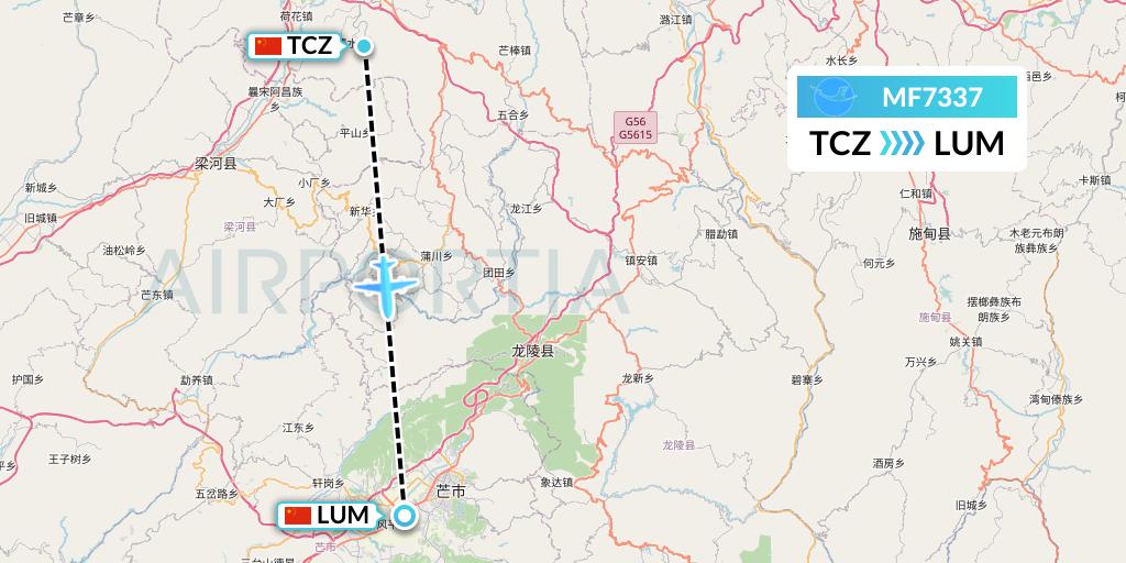 MF7337 Xiamen Airlines Flight Map: Tengchong to Mangshi