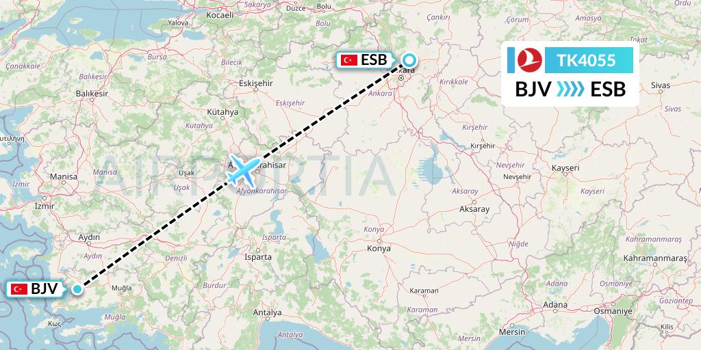 TK4055 Turkish Airlines Flight Map: Bodrum to Ankara