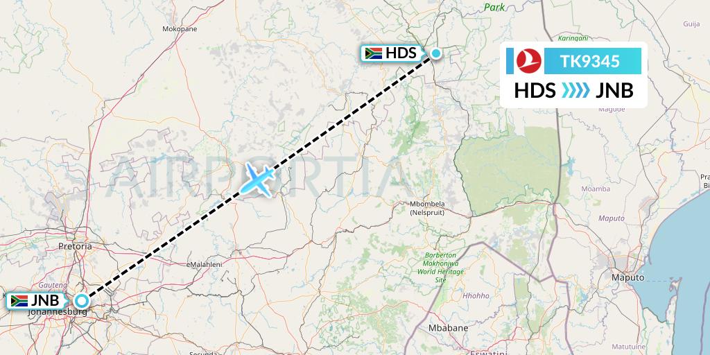 TK9345 Turkish Airlines Flight Map: Hoedspruit to Johannesburg