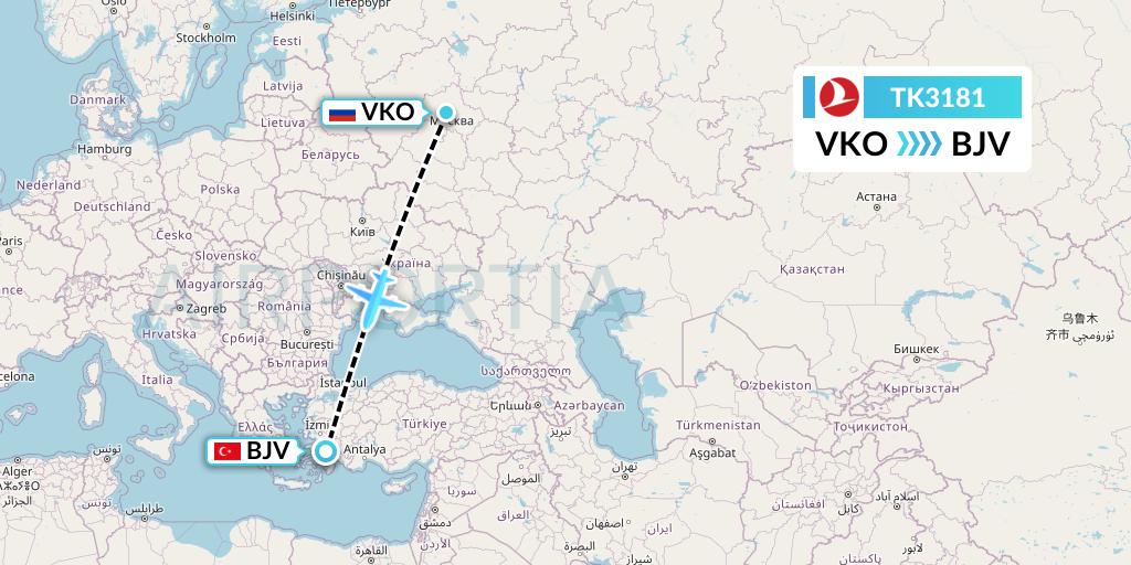TK3181 Turkish Airlines Flight Map: Moscow to Bodrum