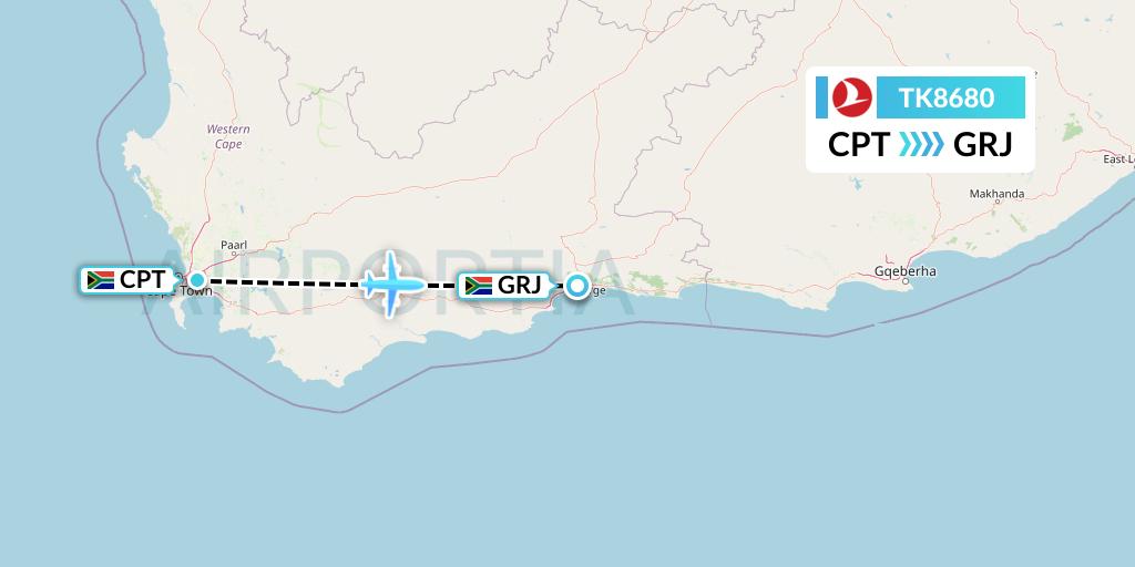 TK8680 Turkish Airlines Flight Map: Cape Town to George