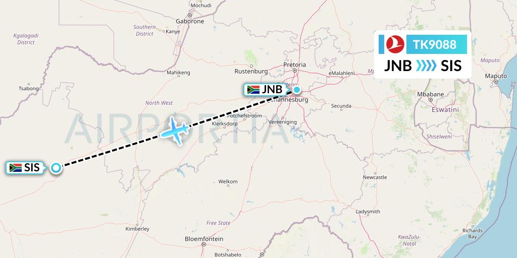 TK9088 Turkish Airlines Flight Map: Johannesburg to Sishen