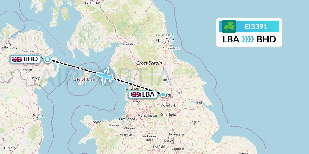EI3391 Aer Lingus Flight Map: Leeds to Belfast