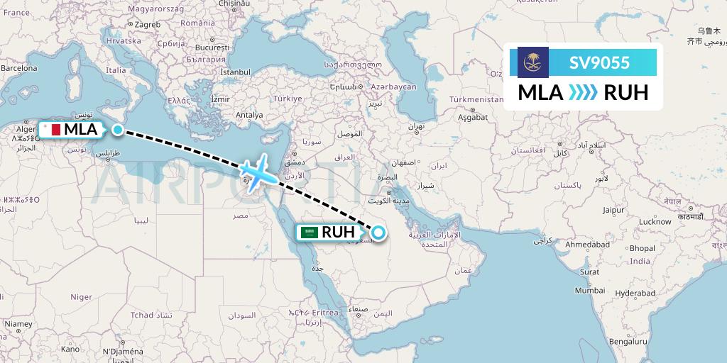 SV9055 Saudi Arabian Airlines Flight Map: Malta to Riyadh