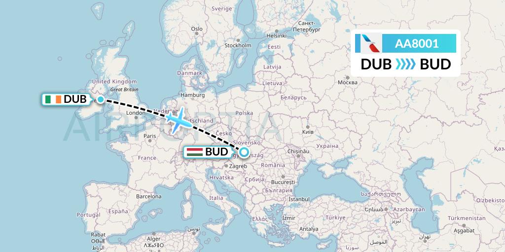 AA8001 American Airlines Flight Map: Dublin to Budapest