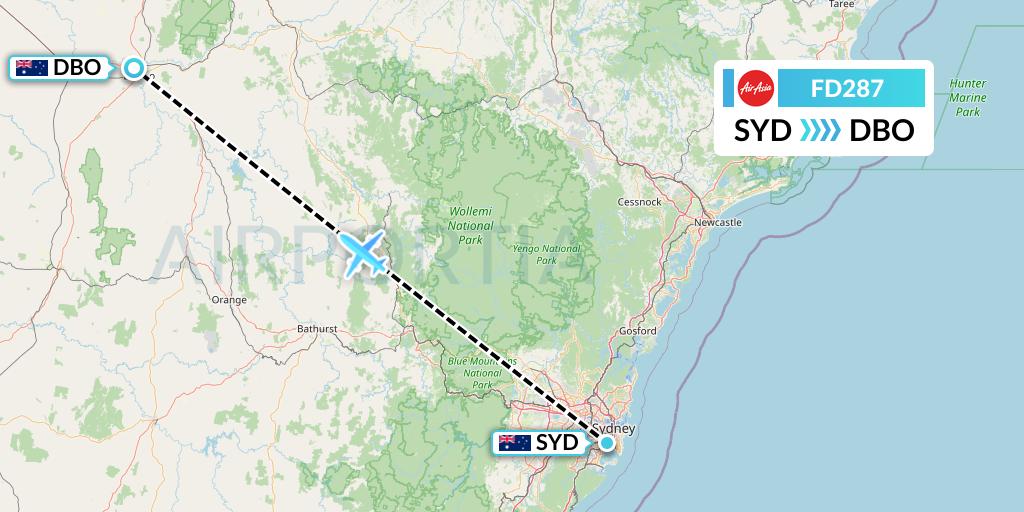 FD287 Thai AirAsia Flight Map: Sydney to Dubbo