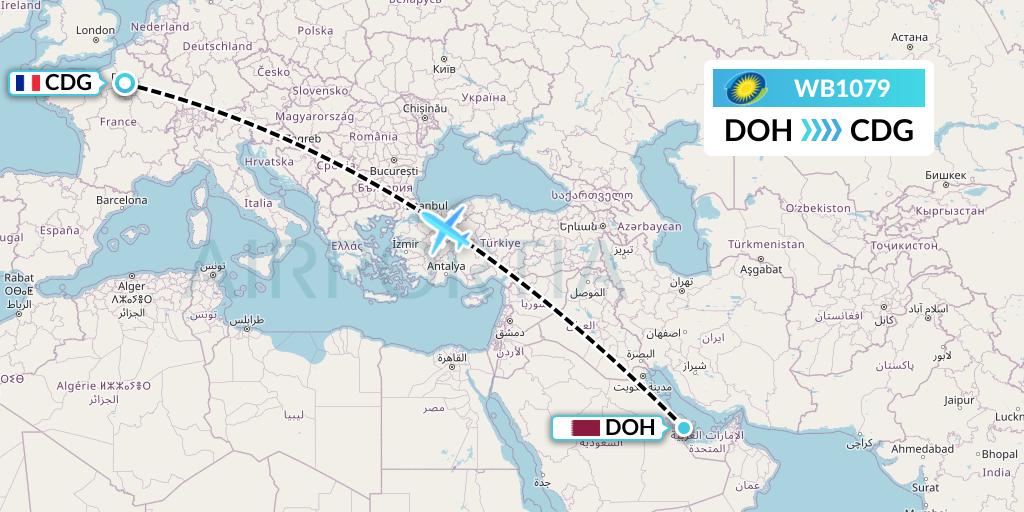 WB1079 RwandAir Flight Map: Doha to Paris
