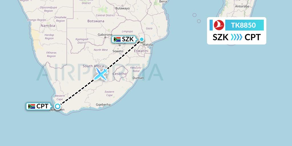 TK8850 Turkish Airlines Flight Map: Skukuza to Cape Town