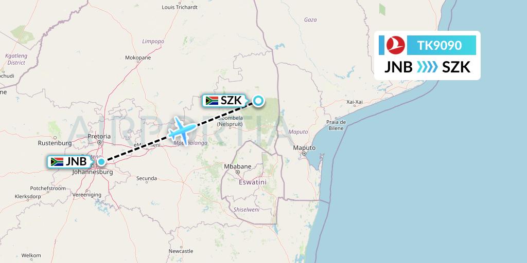 TK9090 Turkish Airlines Flight Map: Johannesburg to Skukuza