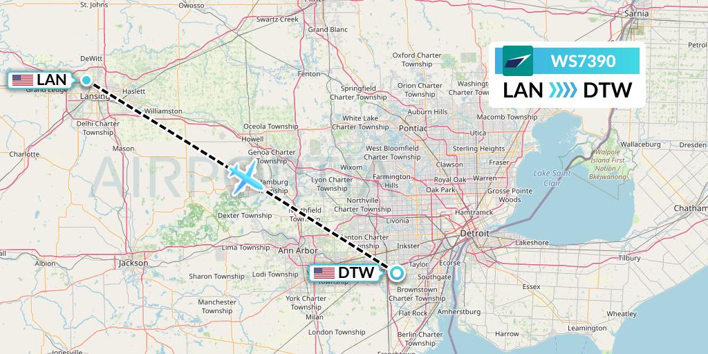 WS7390 WestJet Flight Map: Lansing to Detroit
