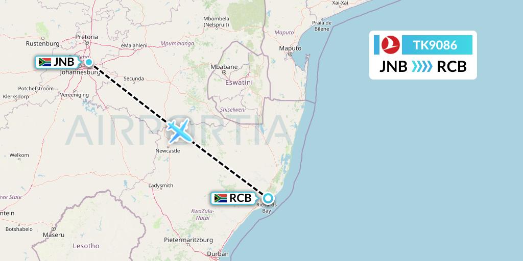 TK9086 Turkish Airlines Flight Map: Johannesburg to Richards Bay
